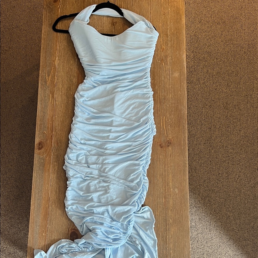 Baby Boo Demi Maxi Dress - Light Blue Ruched Halter Evening Dress - Medium